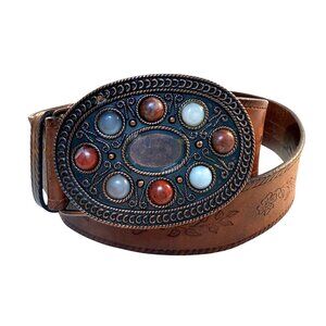Fossil Women's Leather Belt Size M Bejeweled Copper Buckle 32.5" to 36.5"